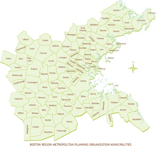 BOSTON REGION METROPOLITAN PLANNING ORGANIZATION MUNICIPALITIES
This image is a map of the 97 municipalities that comprise the Boston Region MPO area.
